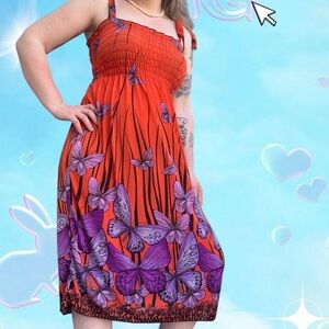 vtg y2k fc fairy kitschy sublimated aop smocked tie-strap sundress, sz sm/md